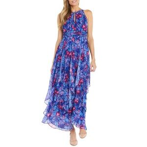 R&M Richards Floral Long Printed Chiffon Dress with a Halter Keyhole Size 16